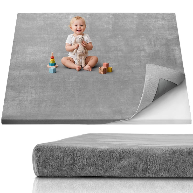 Blissful Diary 1.3" Thick Baby Play Mat, 71x59 Playpen Mat with Removable & Washable Cover, Extra Large Crawling Rug for Floor, Foam Cushion & Non-Slip Backing for Kid, Toddler and Infants, Light Grey - Image 1