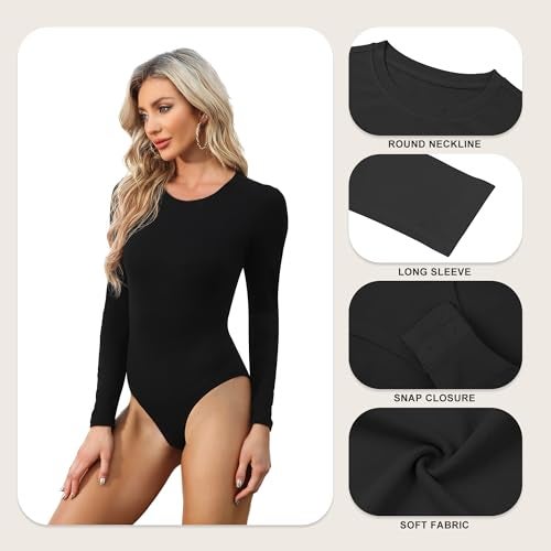 CE' CERDR 5 Pack Long Sleeve Bodysuit for Women Round Neck Casual Stretchy Basic Shirts Crew Neck Body Suits Tops - Image 3