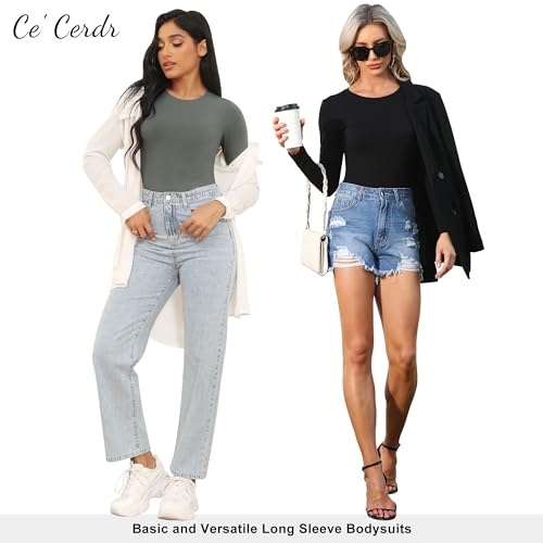 CE' CERDR 5 Pack Long Sleeve Bodysuit for Women Round Neck Casual Stretchy Basic Shirts Crew Neck Body Suits Tops - Image 5