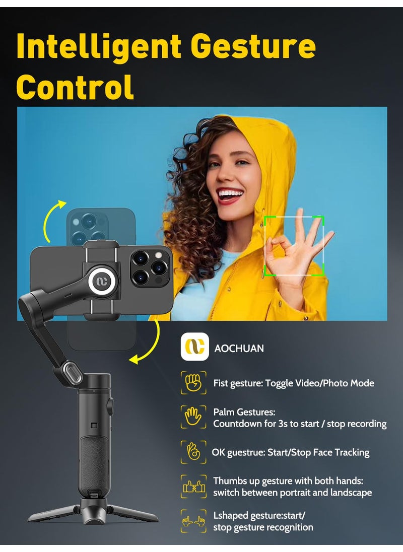 AOCHUAN AOCHUAN 3-Axis Gimbal Stabilizer for iPhone 15/14/13 Pro Max Android,Foldable Smartphone Gimbal w/Built-in Fill Light,1/4 Thread,Professional Anti-Shake Video Record for TikTok YouTube(Smart X Black)  - Image 4