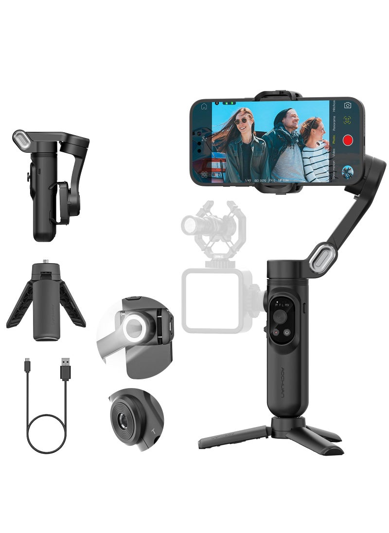 AOCHUAN AOCHUAN 3-Axis Gimbal Stabilizer for iPhone 15/14/13 Pro Max Android,Foldable Smartphone Gimbal w/Built-in Fill Light,1/4 Thread,Professional Anti-Shake Video Record for TikTok YouTube(Smart X Black)  - Image 1
