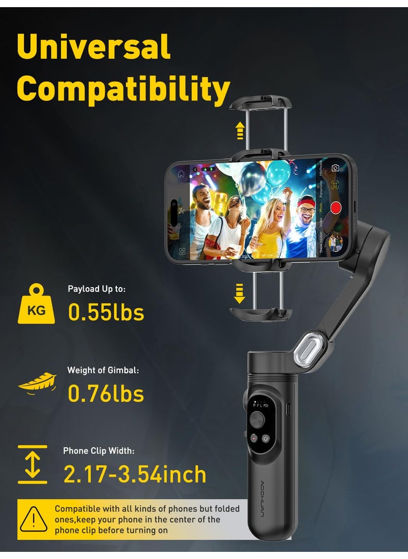 AOCHUAN 3-Axis Gimbal Stabilizer for iPhone 15/14/13 Pro Max Android,Foldable Smartphone Gimbal w/Built-in Fill Light,1/4 Thread,Professional Anti-Shake Video Record for TikTok YouTube(Smart X Black)