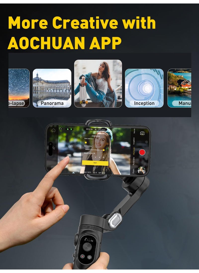 AOCHUAN AOCHUAN 3-Axis Gimbal Stabilizer for iPhone 15/14/13 Pro Max Android,Foldable Smartphone Gimbal w/Built-in Fill Light,1/4 Thread,Professional Anti-Shake Video Record for TikTok YouTube(Smart X Black)  - Image 5