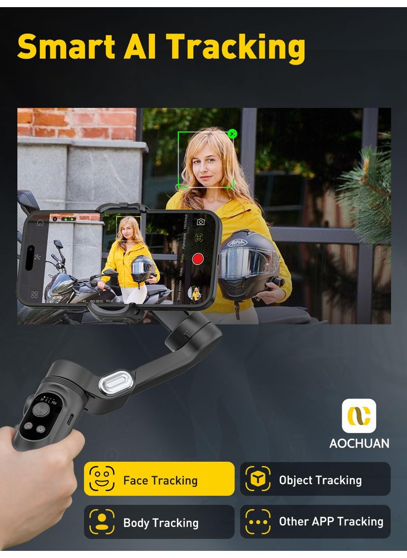 AOCHUAN AOCHUAN 3-Axis Gimbal Stabilizer for iPhone 15/14/13 Pro Max Android,Foldable Smartphone Gimbal w/Built-in Fill Light,1/4 Thread,Professional Anti-Shake Video Record for TikTok YouTube(Smart X Black)  - Image 3