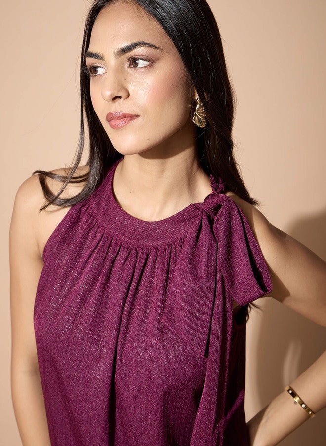 SALT ATTIRE Burgundy Textured High Neck Sleeveless Top with Tie-Ups - Image 3