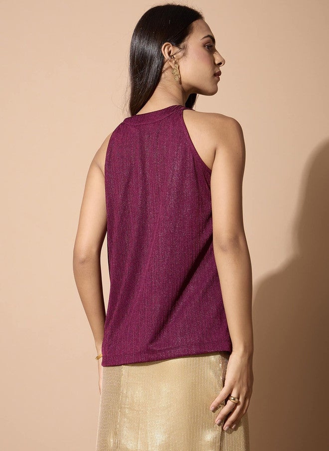 SALT ATTIRE Burgundy Textured High Neck Sleeveless Top with Tie-Ups - Image 5