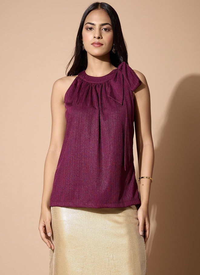 SALT ATTIRE Burgundy Textured High Neck Sleeveless Top with Tie-Ups - Image 1