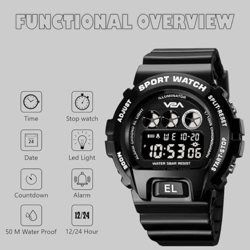 V2A Resin Deep Black Dial Digital Watch for Men and Boys - Sports Watch With Dual Time, Waterproof - Gift for Brother, Husband, Birthday - Black Band - Image 4