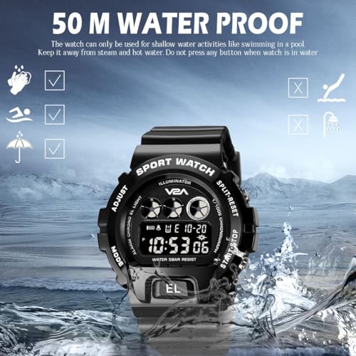 V2A Resin Deep Black Dial Digital Watch for Men and Boys - Sports Watch With Dual Time, Waterproof - Gift for Brother, Husband, Birthday - Black Band - Image 3