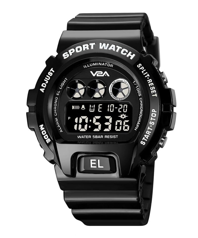 V2A Resin Deep Black Dial Digital Watch for Men and Boys - Sports Watch With Dual Time, Waterproof - Gift for Brother, Husband, Birthday - Black Band - Image 1