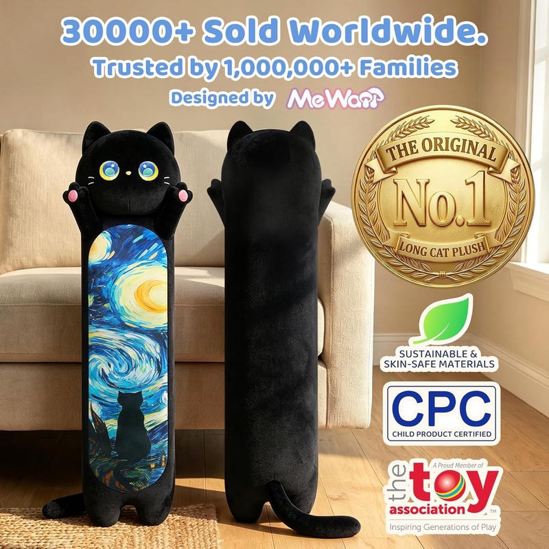 Mewaii 110 سم وسادة قط طويلة كاواي قطيفة سوداء، لعبة وسادة قط ناعمة ومريحة للأطفال من 3 سنوات فما فوق. - Image 2