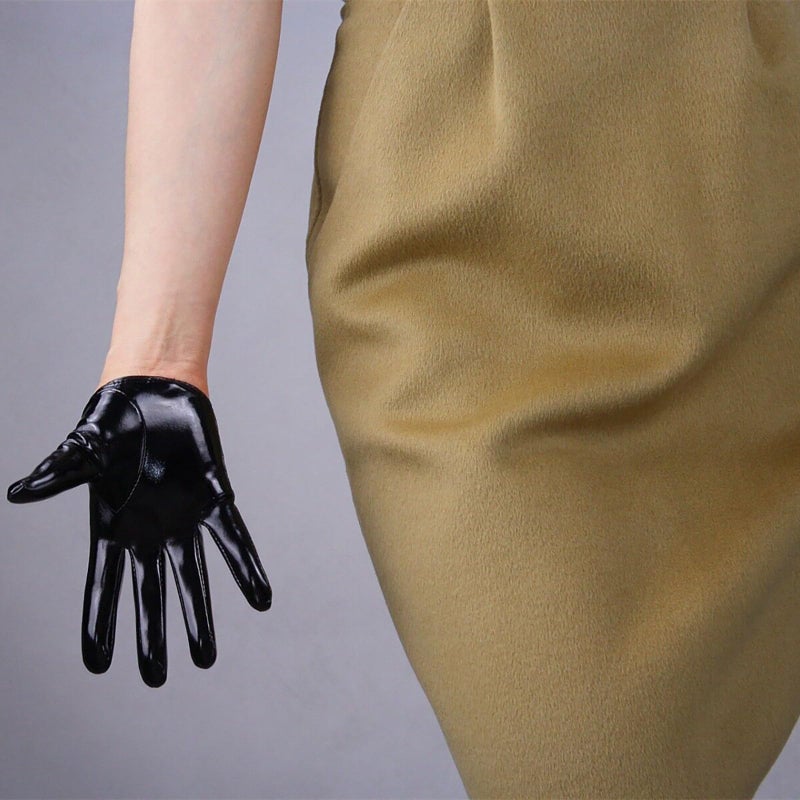 DooWay Extra Short Black Leather Gloves Women Half Palm 5" Unlined Faux Patent PU Dressy Costume Gloves - Image 4