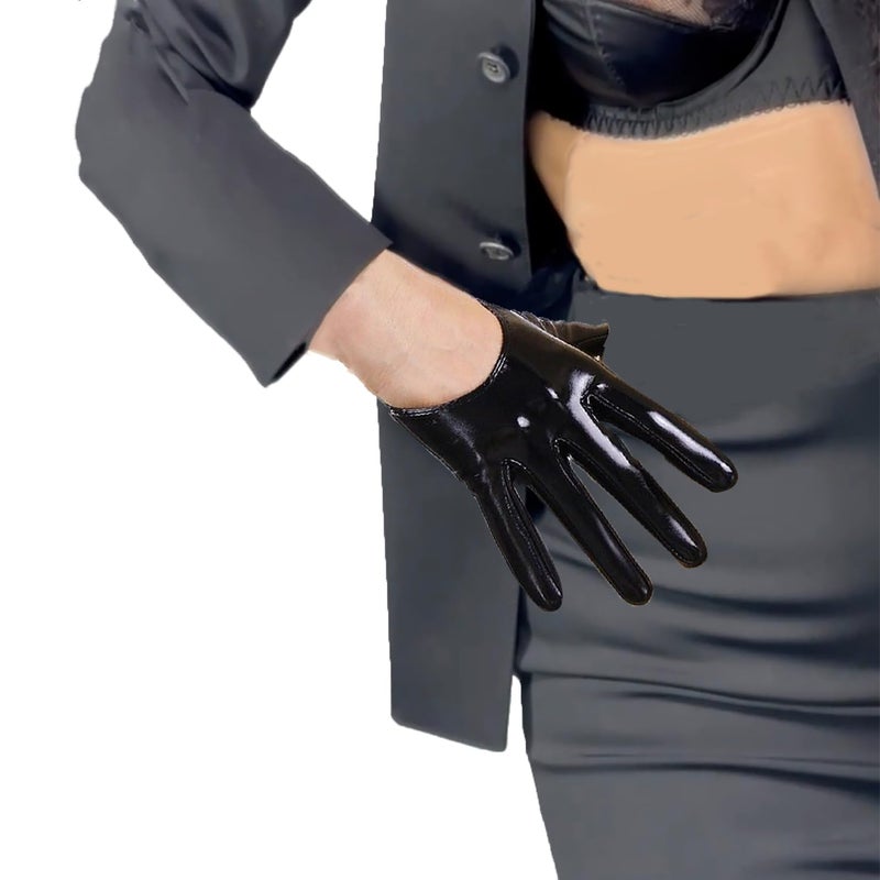 DooWay Extra Short Black Leather Gloves Women Half Palm 5" Unlined Faux Patent PU Dressy Costume Gloves - Image 1