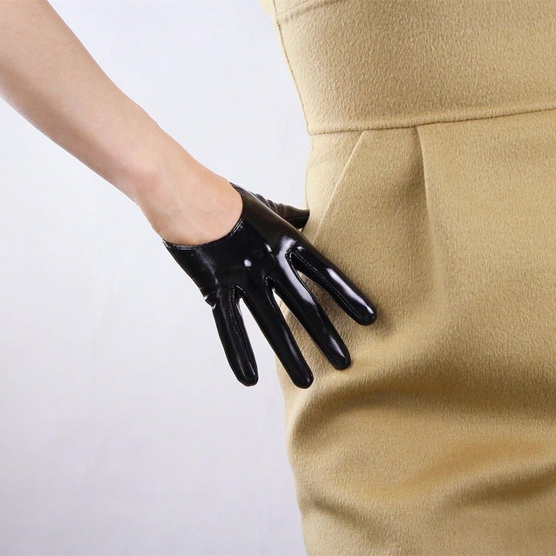 DooWay Extra Short Black Leather Gloves Women Half Palm 5" Unlined Faux Patent PU Dressy Costume Gloves - Image 2