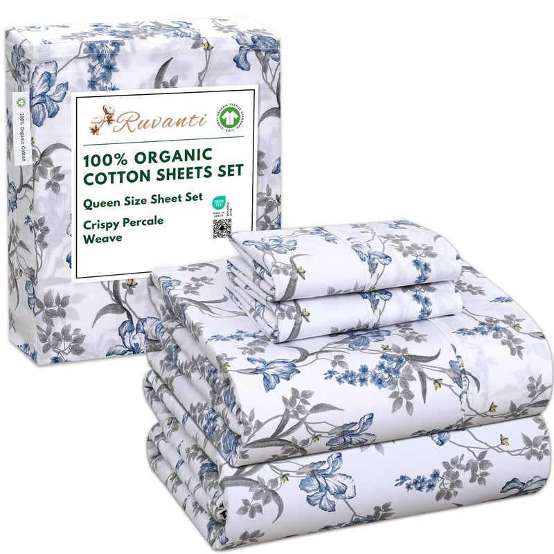 RUVANTI 100 Organic Cotton Sheets Queen Size Percale Weave GOTS Certified 4Piece Set Deep Pocket 15 Crisp  Breathable Soft Durable Bedding Sbanas Algodn Orgnico  Deluxe