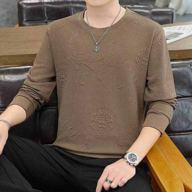 Men's autumn and winter long-sleeved T-shirt with fleece hoodie, outerwear base shirt, round neck trendy versatile top, inner wear Korean version - Image 3