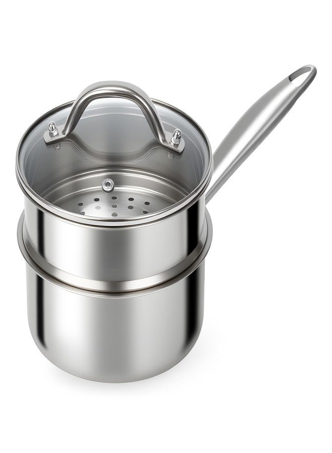 Ohtomber Stainless Steel Sauce Pan - Tri-Ply 1.5 Quarts Steamer for Cooking, Small Cooking Pot with Steamer Basket, Sauce Pan with Lid, Non Stick Saucepan, Induction Steam Pot for Vegetable, Oatmeal - Image 1