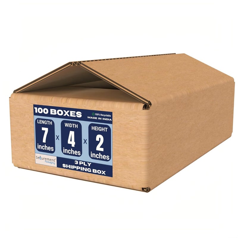 SECUREMENT ® 3 Ply Corrugated Box for packing for Secure Shipping, Moving, Courier & Goods Transportation - 7 x 4 x 2 inches (100 Boxes) - Image 1