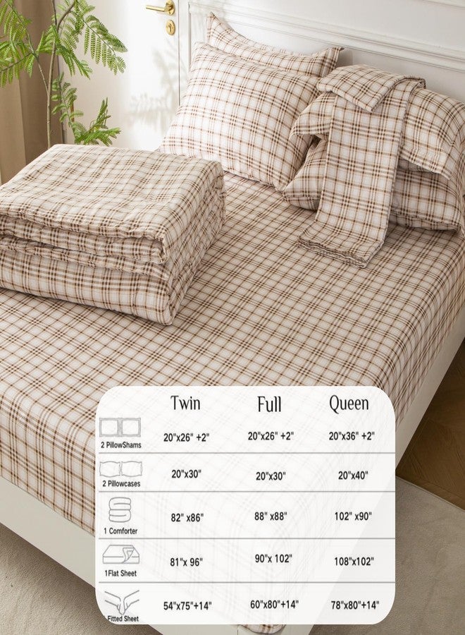 SDY 7PCS Light Beige Plaid Comforter Set Twin, Microfiber Soft Elegant Bohemian Bedding Set for All Season, Twin Size Comforters Set with Comforter, Flat Sheet, Fitted Sheet and Pillowcases & Shams - Image 4