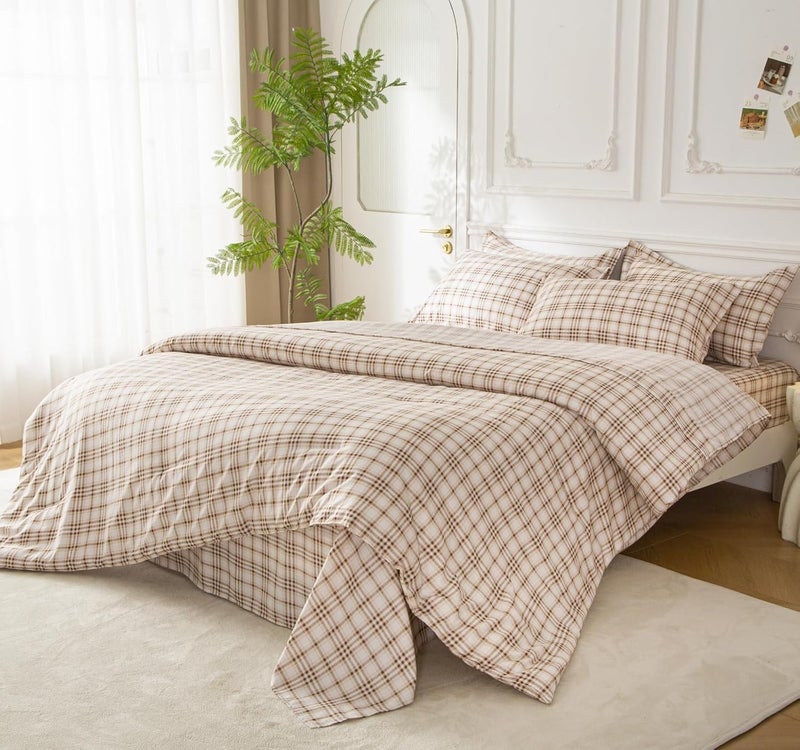 SDY 7PCS Light Beige Plaid Comforter Set Twin, Microfiber Soft Elegant Bohemian Bedding Set for All Season, Twin Size Comforters Set with Comforter, Flat Sheet, Fitted Sheet and Pillowcases & Shams - Image 1