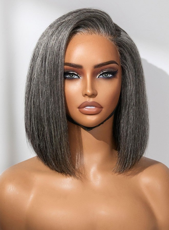 LUVME HAIR 10'' Grey Salt & Pepper Bob Wig Blunt Cut Bob Wig Pre Cut Glueless Wigs Glueless Lace Front 10 Inches Bob, Pre Cut Plucked Hd Lace Short Wig Ready To Go Natural Color Straight Side Part - Image 1