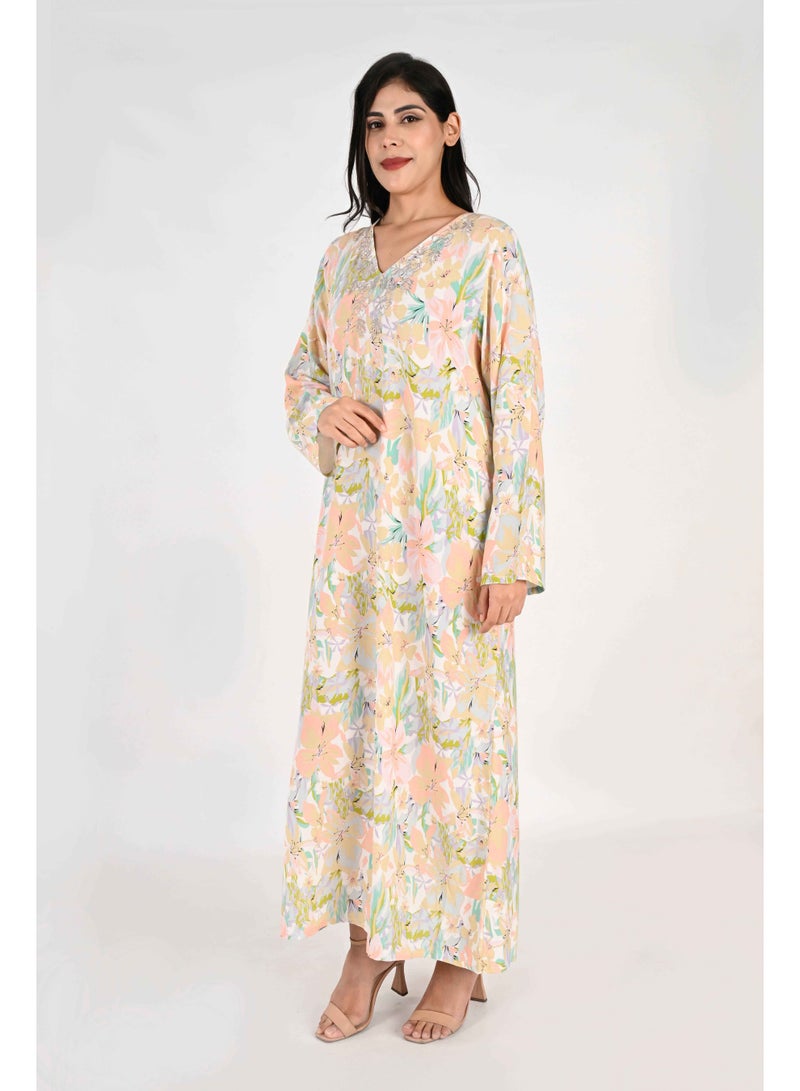 LINELLE جلابية لينيل للسيدات - ماكسي رايون مزخرف بنقوش زهرية بألوان باهتة مع تفاصيل تطريز - Image 5