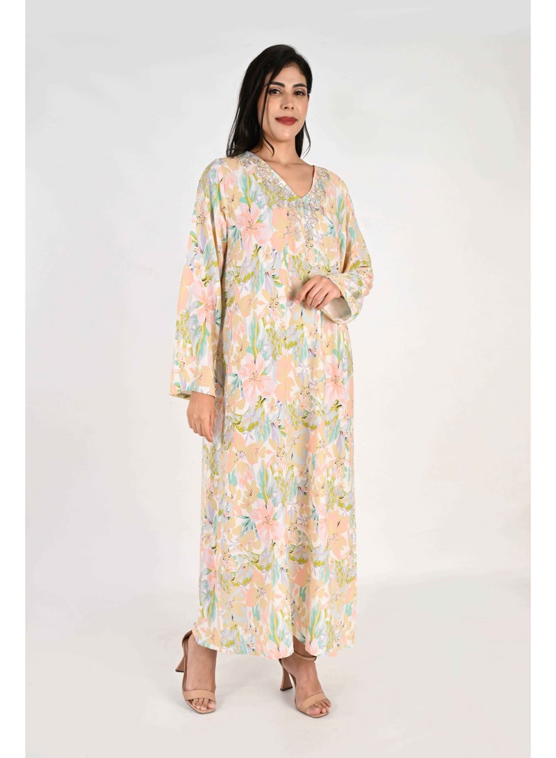 LINELLE جلابية لينيل للسيدات - ماكسي رايون مزخرف بنقوش زهرية بألوان باهتة مع تفاصيل تطريز - Image 4