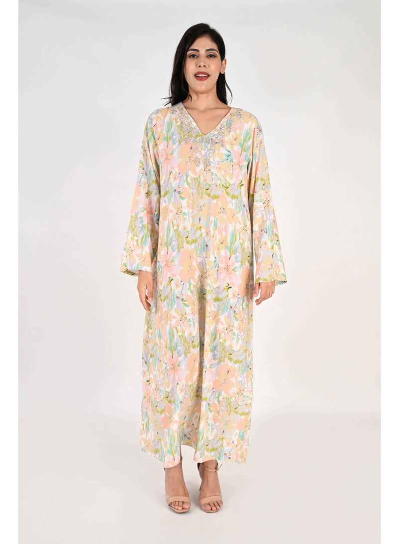 LINELLE جلابية لينيل للسيدات - ماكسي رايون مزخرف بنقوش زهرية بألوان باهتة مع تفاصيل تطريز - Image 2