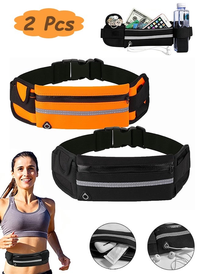 MXN 2 Pcs Waterproof Shockproof Portable Waist Pack with Water Bottle Holder Reflective Stripe - Belt Money Waist Pack - Hidden Anti Theft Passport Security Fanny Pouch for Hiking Travel (Black/Orange) - Image 1