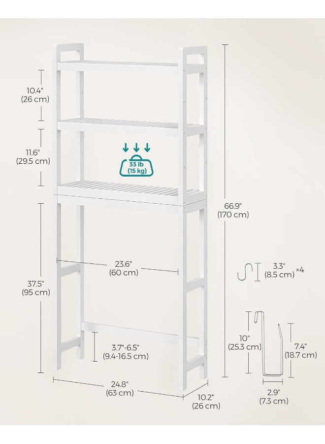 سونمجز وحدة تخزين فوق المرحاض، منظم حمام من الخيزران بثلاث طبقات مع أرفف قابلة للتعديل، رف مرحاض متعدد الوظائف، سعة تحميل ثابتة 15 كج لكل طبقة، سهل التجميع، أبيض 63 × 170 × 26 سم - Image 3
