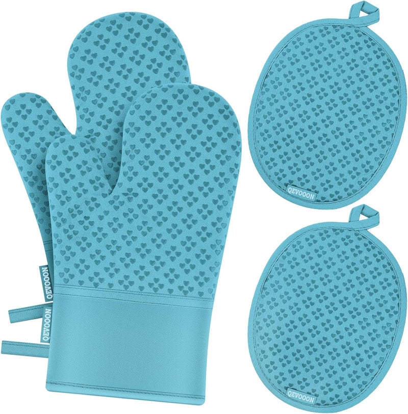 Qevooon Oven Mitts and Pot Holders 4 Sets, Heat Resistant 500 ℉ Oven Mitt and Pot Holder,Oven Glove&Potholders with Non-Slip Silicone Surface,Kitchen Essentials for Cooking/Baking/BBQ-Lake Blue - Image 1