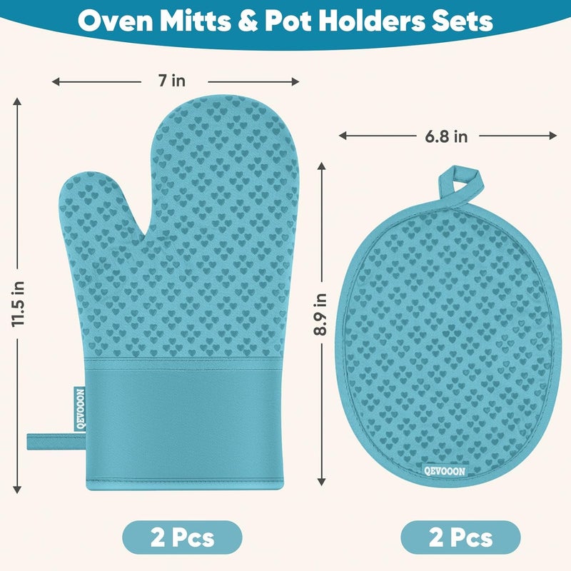 Qevooon Oven Mitts and Pot Holders 4 Sets, Heat Resistant 500 ℉ Oven Mitt and Pot Holder,Oven Glove&Potholders with Non-Slip Silicone Surface,Kitchen Essentials for Cooking/Baking/BBQ-Lake Blue - Image 2