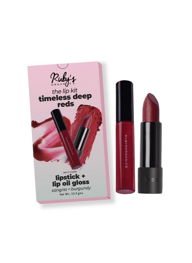 روبيز أورجانيك مجموعة هدايا تجميل الشفاه من روبي أورجانيكس - مجموعة كومبو من أحمر الشفاه وملمع الشفاه Timeless Reds، مرطبة، تدوم طويلاً، غير لزجة ولا تسبب الجفاف، ذات ملمس لامع، مكياج شفاه طبيعي - بورجوندي وسانجريا - Image 1