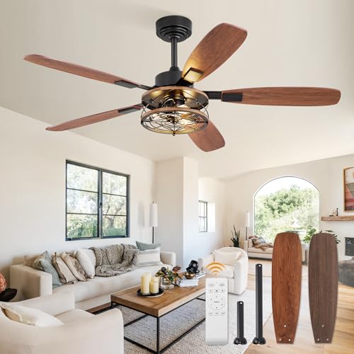 Fanbulous 52 Inch Farmhouse Ceiling Fan with Light and Remote, Black Industrial Caged Flush Mount Ceiling Fans with 6 Speed Reversible Motor and Dual Finish 5 Blades, Rustic Ceiling Fan for Living room, Bedroom - Image 1