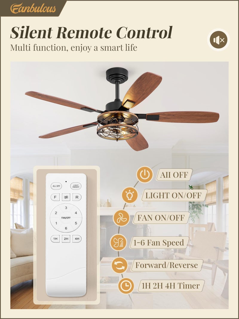 Fanbulous 52 Inch Farmhouse Ceiling Fan with Light and Remote, Black Industrial Caged Flush Mount Ceiling Fans with 6 Speed Reversible Motor and Dual Finish 5 Blades, Rustic Ceiling Fan for Living room, Bedroom - Image 2