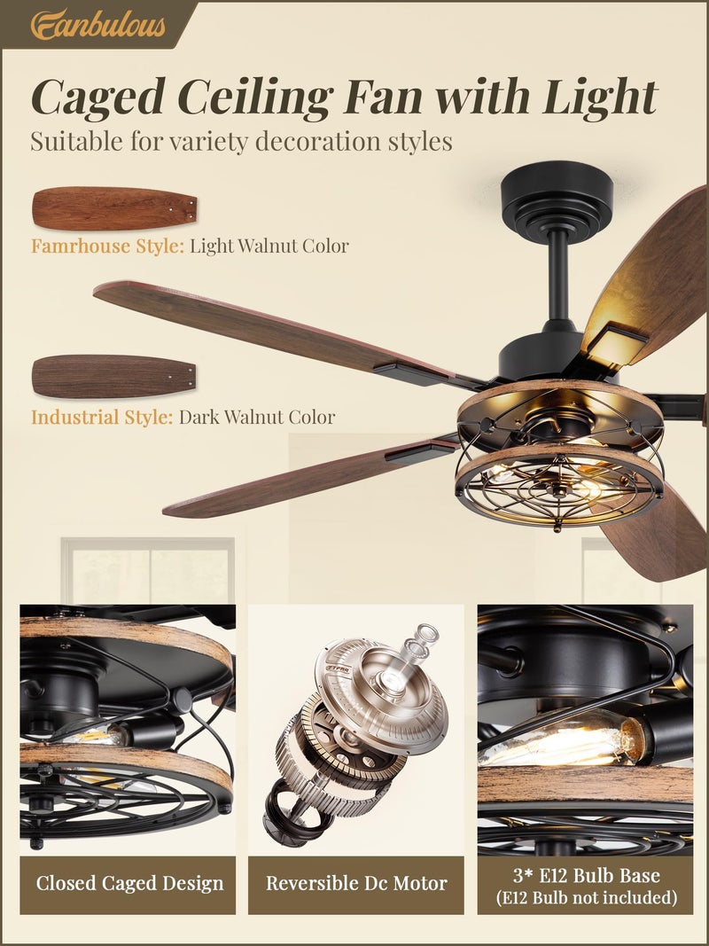 Fanbulous 52 Inch Farmhouse Ceiling Fan with Light and Remote, Black Industrial Caged Flush Mount Ceiling Fans with 6 Speed Reversible Motor and Dual Finish 5 Blades, Rustic Ceiling Fan for Living room, Bedroom - Image 3