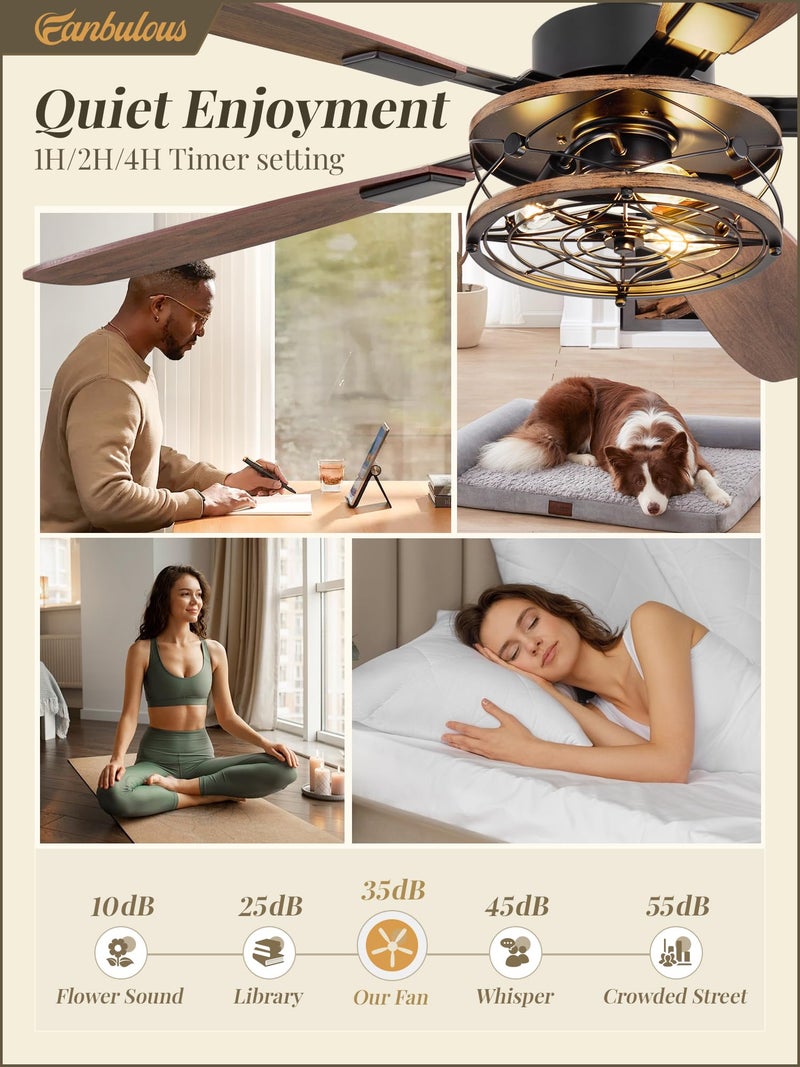 Fanbulous 52 Inch Farmhouse Ceiling Fan with Light and Remote, Black Industrial Caged Flush Mount Ceiling Fans with 6 Speed Reversible Motor and Dual Finish 5 Blades, Rustic Ceiling Fan for Living room, Bedroom - Image 4