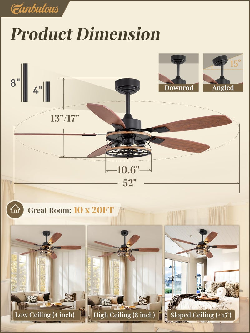 Fanbulous 52 Inch Farmhouse Ceiling Fan with Light and Remote, Black Industrial Caged Flush Mount Ceiling Fans with 6 Speed Reversible Motor and Dual Finish 5 Blades, Rustic Ceiling Fan for Living room, Bedroom - Image 5