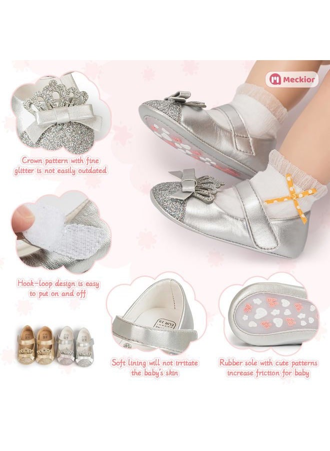 Meckior Infant Baby Girls Soft Sole Bowknot Princess Wedding Dress Mary Jane Flats Prewalker Newborn Light Baby Sneaker Shoes, A40/Sliver, 6-12 Months - Image 5