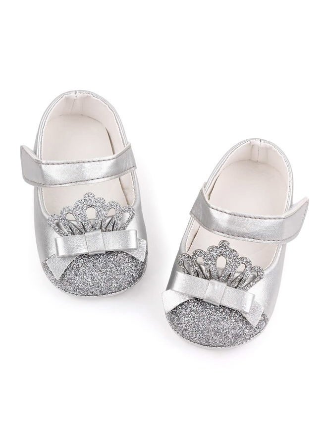 Meckior Infant Baby Girls Soft Sole Bowknot Princess Wedding Dress Mary Jane Flats Prewalker Newborn Light Baby Sneaker Shoes, A40/Sliver, 6-12 Months - Image 1