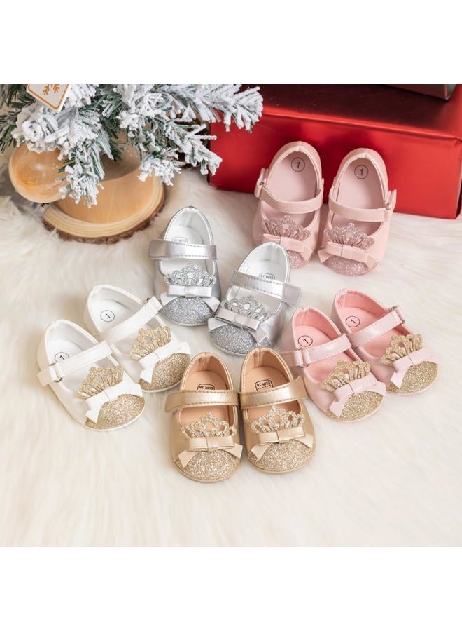 Meckior Infant Baby Girls Soft Sole Bowknot Princess Wedding Dress Mary Jane Flats Prewalker Newborn Light Baby Sneaker Shoes, A40/Sliver, 6-12 Months - Image 2