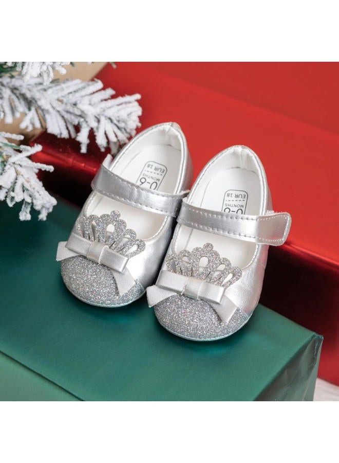 Meckior Infant Baby Girls Soft Sole Bowknot Princess Wedding Dress Mary Jane Flats Prewalker Newborn Light Baby Sneaker Shoes, A40/Sliver, 6-12 Months - Image 4