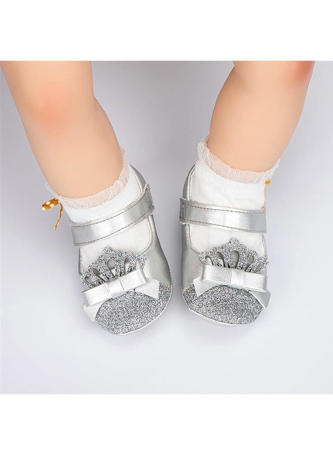 Meckior Infant Baby Girls Soft Sole Bowknot Princess Wedding Dress Mary Jane Flats Prewalker Newborn Light Baby Sneaker Shoes, A40/Sliver, 6-12 Months - Image 3