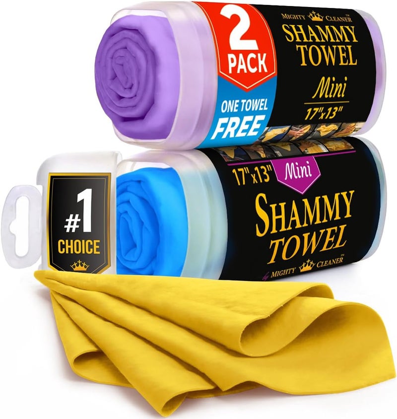 Mighty Cleaner Premium 2pk Mini +1 Free Shammy Cloth for Car Drying - 17”x13” - Super Absorbent Chamois Towel for Car - Scratch-Free, Reusable & Soft Cleaning Towel - Image 1