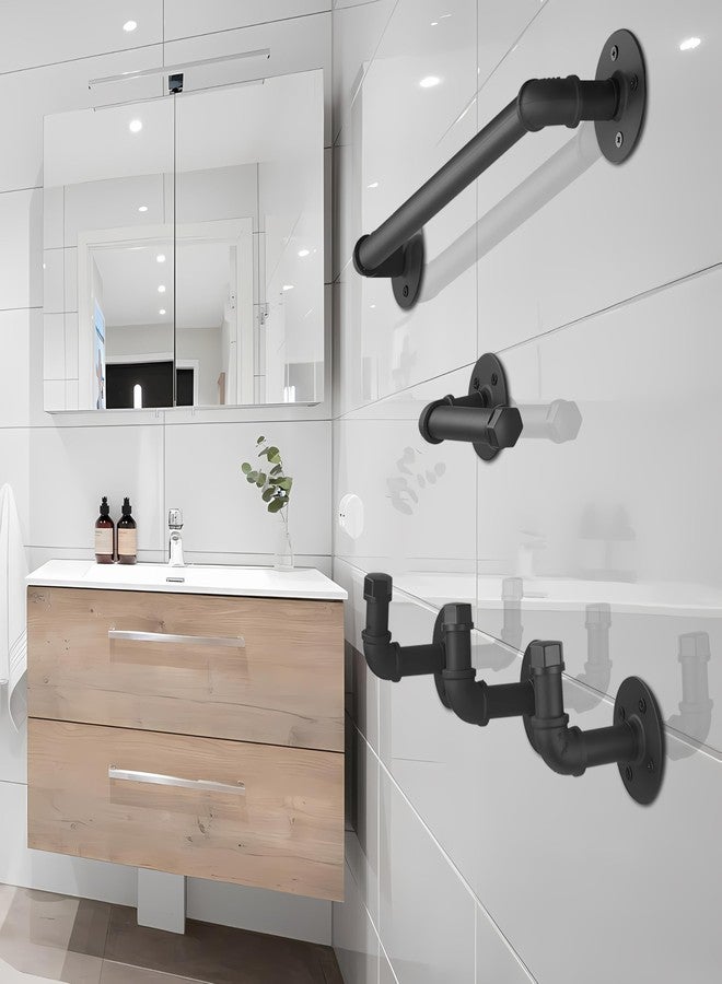 UNI-DRAIN 18in Industrial Pipe Bathroom Hardware 5 pcs in One Set Wall Mounted Bathroom Accessories Kit for Hand Towel Bar, Toilet Paper Holder, 3 pcs Robe Towel Hooks, Matte Black - Image 1
