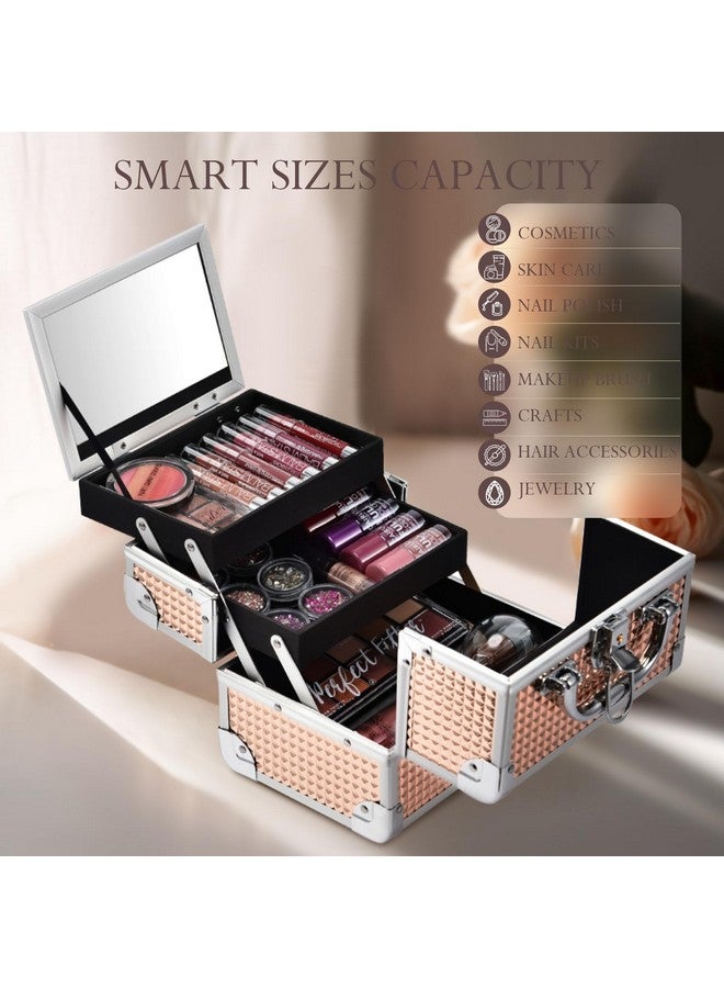 FRENESSA Makeup Train Case Portable Cosmetic Box Jewelry Organizer 2-Tier Trays Lockable With Keys And Mirror Carrying With Handle Makeup Storage Box - Rose Gold - Image 1