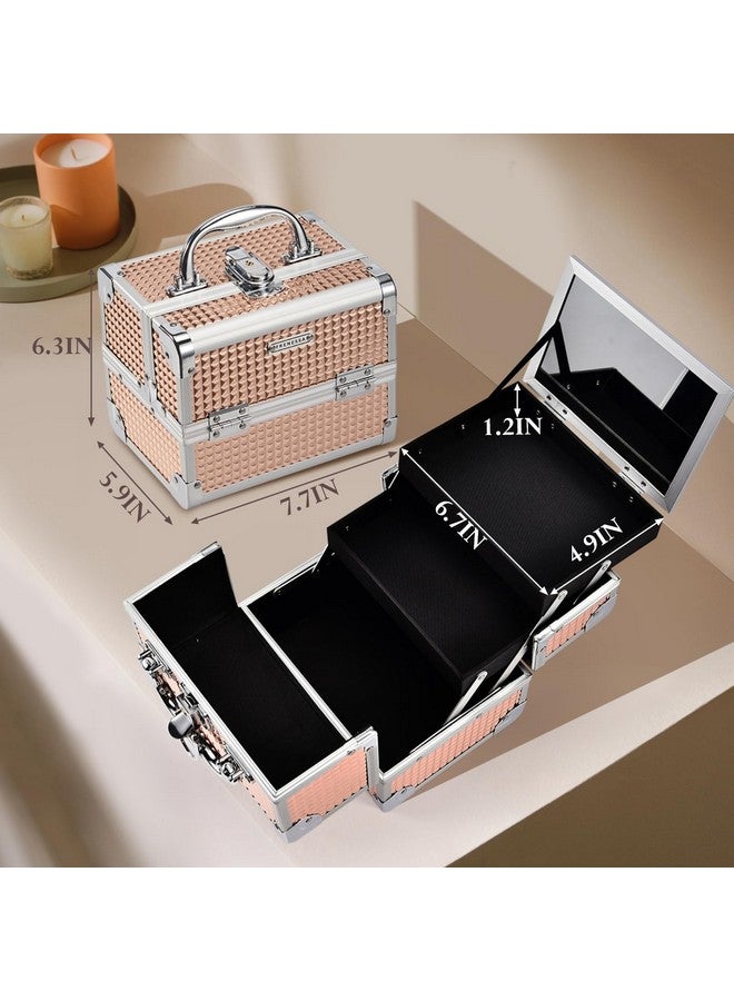 FRENESSA Makeup Train Case Portable Cosmetic Box Jewelry Organizer 2-Tier Trays Lockable With Keys And Mirror Carrying With Handle Makeup Storage Box - Rose Gold - Image 2