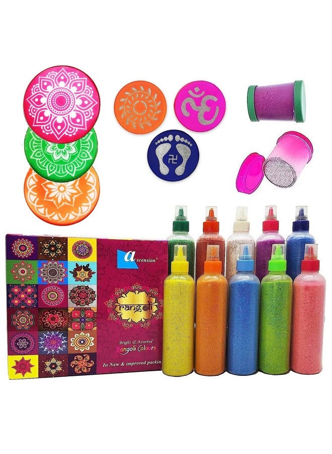 Ascension ألوان مسحوق رانغولي 10 من أسينشن 80 جرام لكل منها 2 حشوات، 3 قوالب و 3 قوالب طوابع مجموعة أدوات صنع رانغولي ألوان خزفية مسحوق لون رانغولي لنافاراتري بونغال بوجا معبد (مجموعة 1) - Image 1