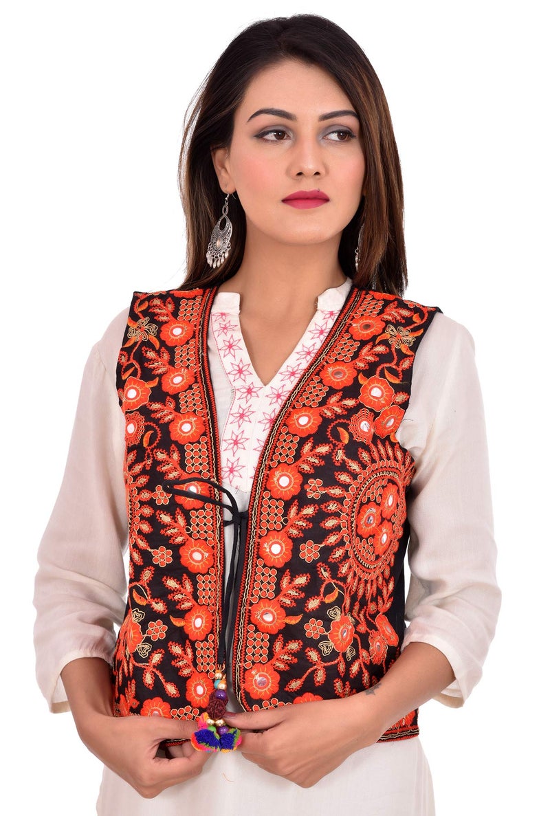 Craft Trade Ethnic Standard Length Jacket For Women Waist Coat Stylish Cotton Handmade Navratri Traditional Rajasthani Embroidered Mirror Work Gujrati Kutchi Koti For Girls-Bust Size 34-38 Inches - Image 2