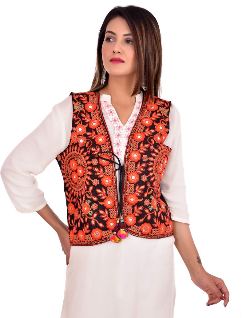 Craft Trade Ethnic Standard Length Jacket For Women Waist Coat Stylish Cotton Handmade Navratri Traditional Rajasthani Embroidered Mirror Work Gujrati Kutchi Koti For Girls-Bust Size 34-38 Inches - Image 3